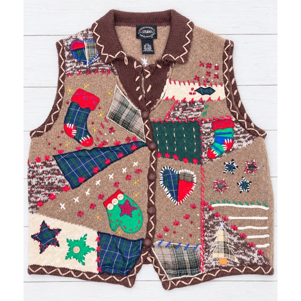 Vintage Designers Studio Originals Christmas Patch Grannycore Sweater Vest P/M